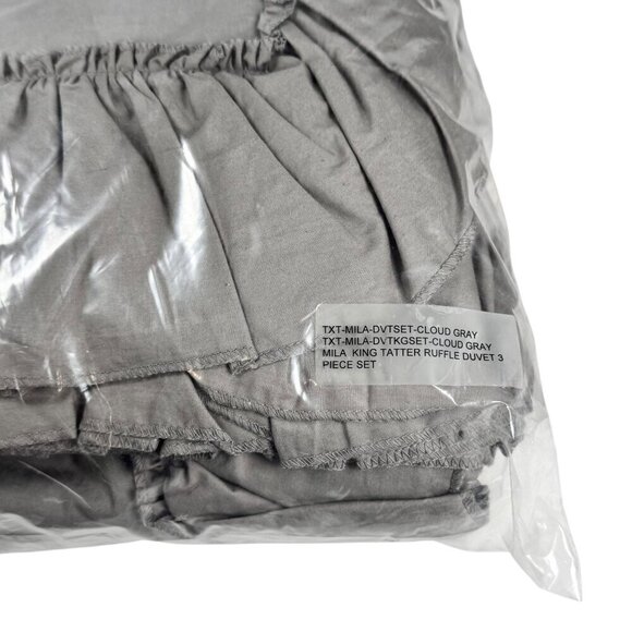 NWT Ruffle Duvet Cover Set King 3 PCs 100% Washed Cotton Gray Solid Bedding - Picture 4 of 8